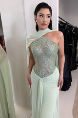 Glamorous Dusty Sage Strapless Sleeveless Mermaid Evening Dresses Sheath Gem With Pleats
