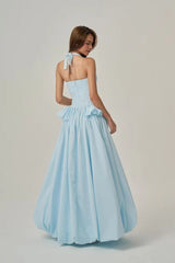Pretty Sky Blue Halter Sleeveless Satin Evening Dresses A-Line With Zipper Pleats