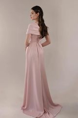 Romantic Dusty Rose Short Sleeves Satin Evening Dresses Floor Length With Lace-Up Back