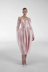 Luxurious Pink Sweetheart Long Sleeves Satin Evening Dresses Pleats With Zipper