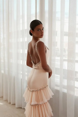 Graceful Straps Sleeveless Satin Tulle Mermaid Evening Dresses Backless Gem With Pleats