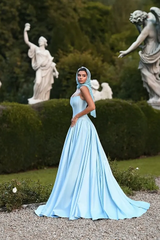 Glamorous Sky Blue Strapless Sleeveless Satin Evening Dresses A-Line With Pleats