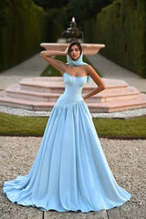 Glamorous Sky Blue Strapless Sleeveless Satin Evening Dresses A-Line With Pleats
