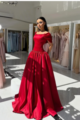 Graceful Red Off The Shoulder Satin Evening Dresses A-Line With Beads Pleats