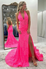 Luxurious Fuchsia V-Neck Halter Sleeveless Lace Evening Dresses Mermaid Zipper With High Split