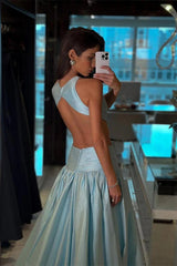 Chic Dusty Blue Sleeveless Satin Evening Dresses A-Line Backless With Pleats Zipper
