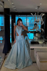 Chic Dusty Blue Sleeveless Satin Evening Dresses A-Line Backless With Pleats Zipper