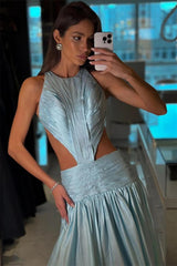 Chic Dusty Blue Sleeveless Satin Evening Dresses A-Line Backless With Pleats Zipper