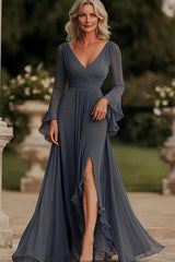 Timeless V-Neck Long Sleeves Chiffon Evening Dresses Split With Pleats