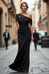 Graceful Black Asymmetrical Satin Evening Dresses Mermaid Sheath With Zipper