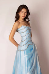 Romantic Sky Blue Strapless Sleeveless Satin Evening Dresses A-Line With Beads Pearls