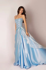 Romantic Sky Blue Strapless Sleeveless Satin Evening Dresses A-Line With Beads Pearls