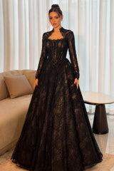 Graceful Black Long Sleeves Lace Evening Dresses A-Line With Zipper