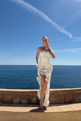 Elegant White Strapless Sleeveless Mermaid Satin Evening Dresses Column With High Split