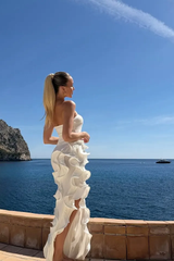 Elegant White Strapless Sleeveless Mermaid Satin Evening Dresses Column With High Split