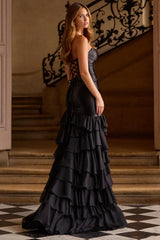 Chic Black Sweetheart Strapless Sleeveless Mermaid Evening Dresses Sheath Layered With Lace-Up Back
