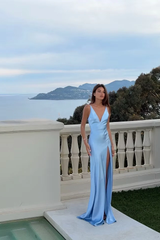 Chic Sky Blue V-Neck Spaghetti-Straps Satin Evening Dresses Mermaid Backless With High Split