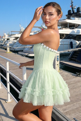 Luxurious Light Mint Green Sweetheart Strapless Sleeveless Lace Homecoming Dresses Mini With Pleats