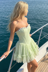 Luxurious Light Mint Green Sweetheart Strapless Sleeveless Lace Homecoming Dresses Mini With Pleats