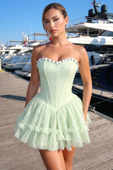 Luxurious Light Mint Green Sweetheart Strapless Sleeveless Lace Homecoming Dresses Mini With Pleats