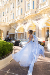 Elegant Dusty Blue Strapless Sleeveless Evening Dresses A-Line With Lace-Up Back