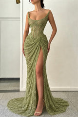 Luxurious Green Strapless Sleeveless Mermaid Evening Dresses Sheath With High Split