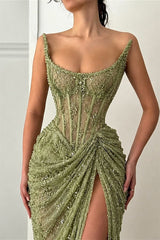 Luxurious Green Strapless Sleeveless Mermaid Evening Dresses Sheath With High Split