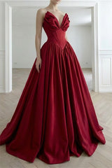 Graceful Burgundy Strapless Sleeveless Satin Evening Dresses A-Line Pleats With Lace-Up Back