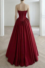 Graceful Burgundy Strapless Sleeveless Satin Evening Dresses A-Line Pleats With Lace-Up Back