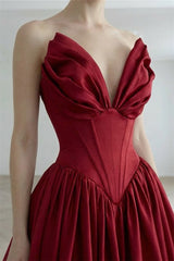 Graceful Burgundy Strapless Sleeveless Satin Evening Dresses A-Line Pleats With Lace-Up Back