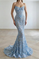 Luxurious Sky Blue Sweetheart Strapless Sleeveless Mermaid Evening Dresses Beads With Lace-Up Back