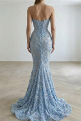 Luxurious Sky Blue Sweetheart Strapless Sleeveless Mermaid Evening Dresses Beads With Lace-Up Back