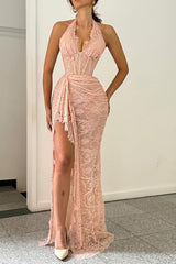 Elegant Dusty Rose Halter Sleeveless Lace Evening Dresses Mermaid Sheath With High Split