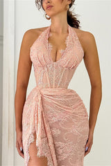 Elegant Dusty Rose Halter Sleeveless Lace Evening Dresses Mermaid Sheath With High Split
