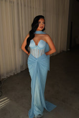 Glamorous Blue Strapless Sleeveless Lace Mermaid Evening Dresses Column With Pleats