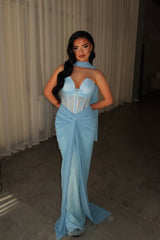 Glamorous Blue Strapless Sleeveless Lace Mermaid Evening Dresses Column With Pleats