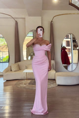 Luxurious Pink One Shoulder Satin Mermaid Evening Dresses Sheath With Beads