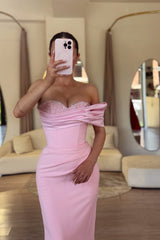 Luxurious Pink One Shoulder Satin Mermaid Evening Dresses Sheath With Beads