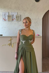 Timeless Moss Sweetheart Straps Sleeveless Evening Dresses High Split Gem With Pleats