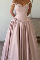 Romantic Dusty Pink Sweetheart Off The Shoulder Satin Evening Dresses A-Line With Beads Pleats