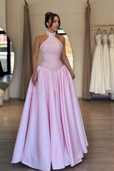 Chic Pink Halter Sleeveless Satin Evening Dresses A-Line Sequins With Pleats