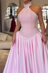 Chic Pink Halter Sleeveless Satin Evening Dresses A-Line Sequins With Pleats