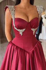 Dazzling Burgundy Sweetheart Straps Sleeveless Satin Evening Dresses A-Line Gem With Pleats