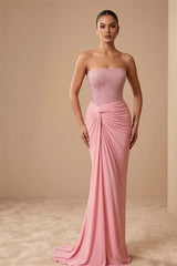 Glamorous Pink Strapless Sleeveless Mermaid Evening Dresses Sheath Sequins With Pleats