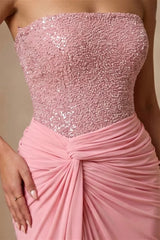 Glamorous Pink Strapless Sleeveless Mermaid Evening Dresses Sheath Sequins With Pleats