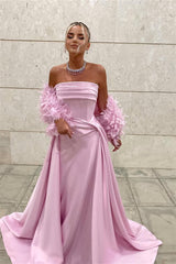 Timeless Pink Strapless Sleeveless Satin Evening Dresses Floor Length With Pleats Feather