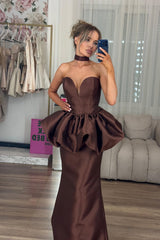 Elegant Chocolate Sweetheart Strapless Sleeveless Satin Evening Dresses Mermaid With Pleats