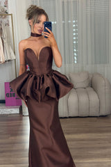 Elegant Chocolate Sweetheart Strapless Sleeveless Satin Evening Dresses Mermaid With Pleats