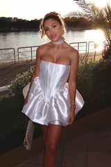 Pretty White Strapless Sleeveless Satin Homecoming Dresses Mini With Lace-Up Back