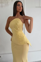 Dazzling Yellow Strapless Sleeveless Satin Mermaid Evening Dresses Column With Zipper